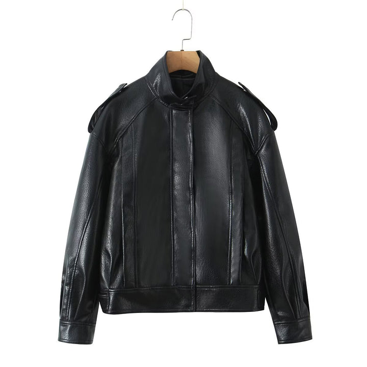 Damen Cropped Bomberjacke aus Kunstleder mit hohem Stehkragen und Schulterklappen Echoarchiv