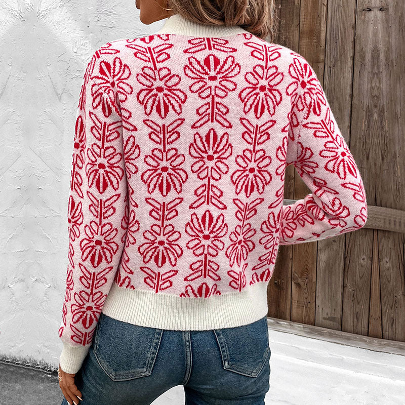 Damen GEchoarchivlümter Jacquard-Strickpullover mit Rundhalsausschnitt und gerippten Bündchen Echoarchiv