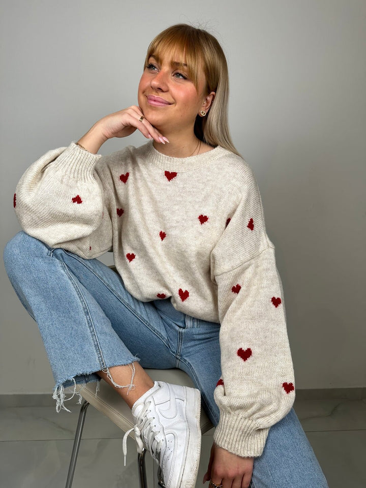 Damen nan oversized Strickpullover mit Herzintarsien und Ballonärmeln Echo Archiv
