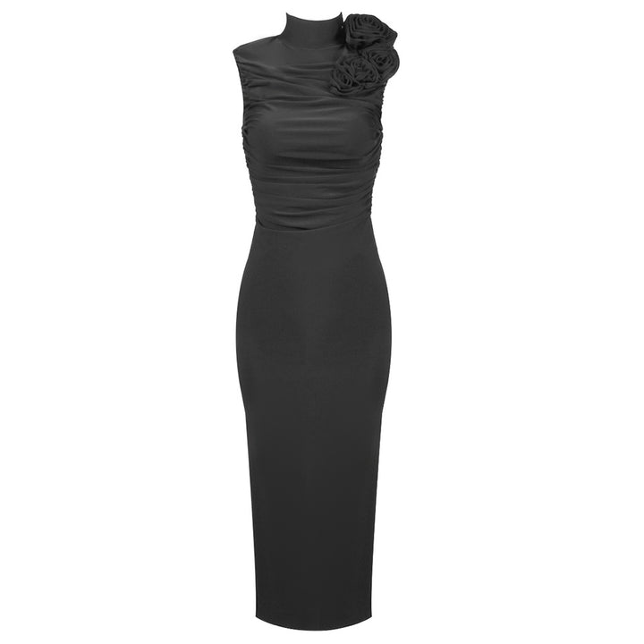 Damen figurbetontes Abendkleid mit asymmetrischem Kragen und floraler Applikation Echo Archiv