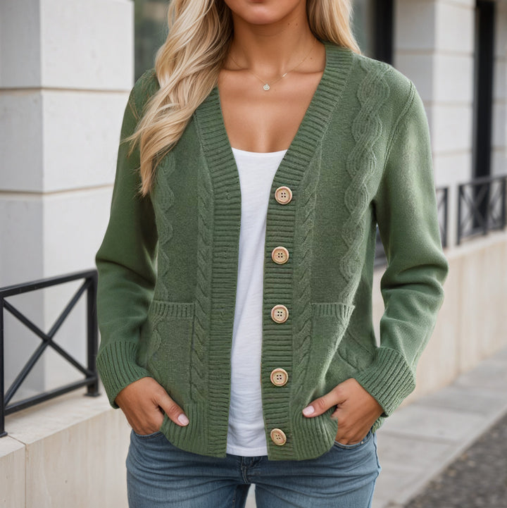 Damen nan längerer Strickcardigan mit Kabelstruktur, V-Ausschnitt und Holzknopfleiste Echo Archiv