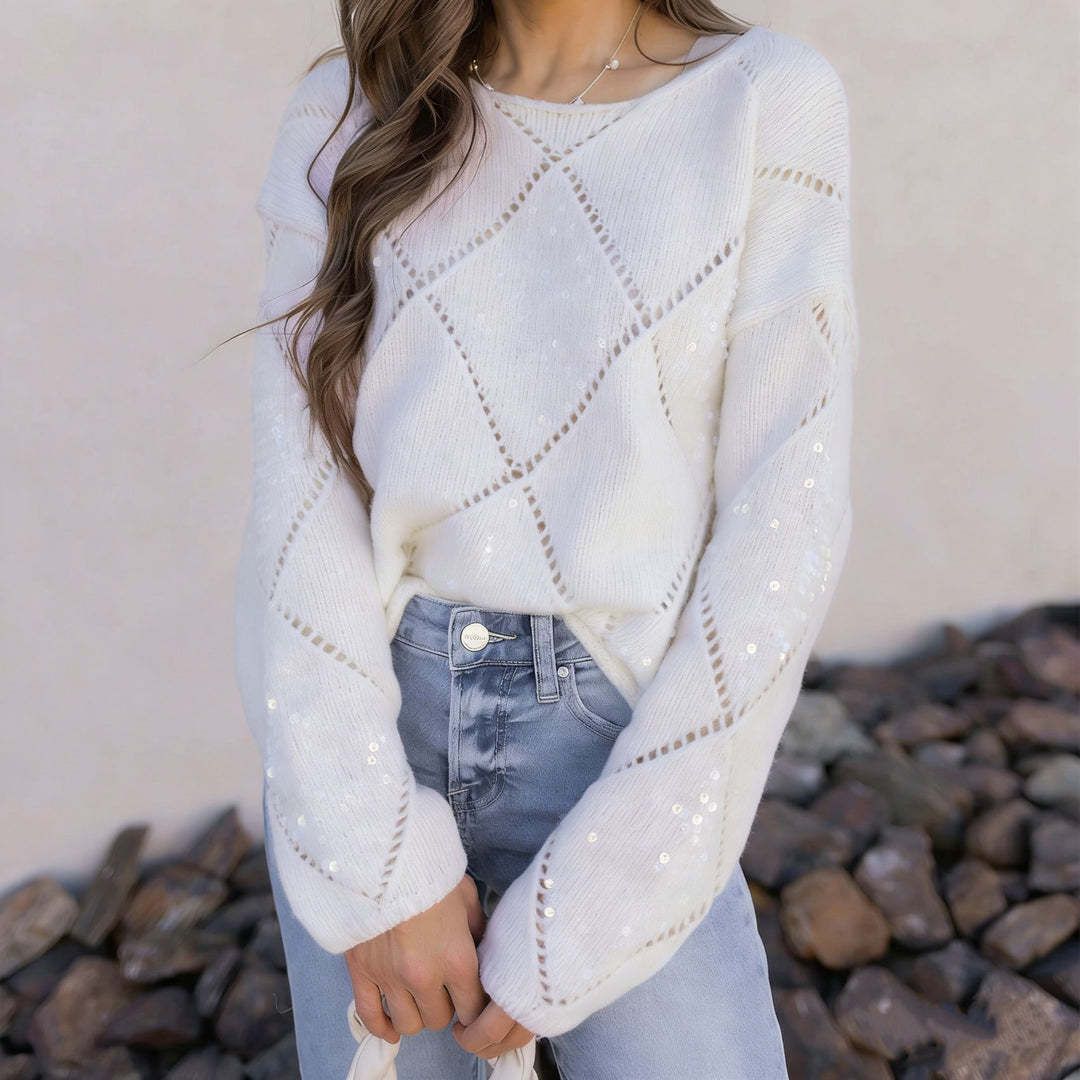 Damen Grobgestrickter Oversize-Pullover mit Ajour‑Rautenmuster und Pailletten – Mavelle
