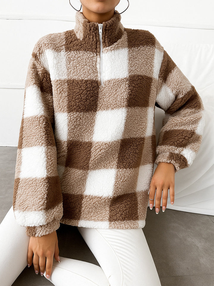 Damen nan kariertes Teddy-Fleece Pullover mit Stehkragen und halbhohem Reißverschluss Echo Archiv
