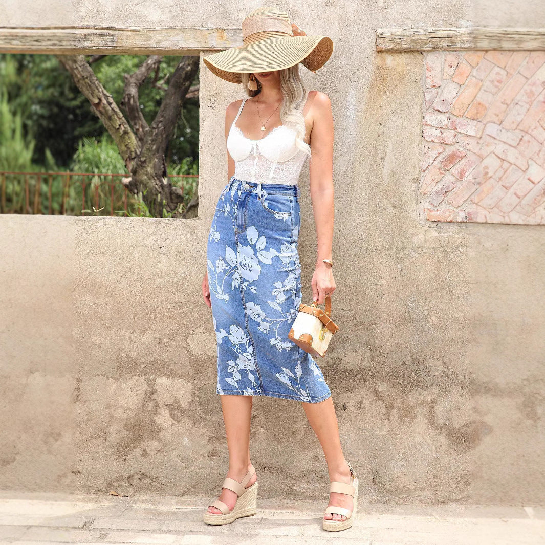 Damen taillenhoher floraler Denim-Bleistiftrock (Midi) Echo Archiv