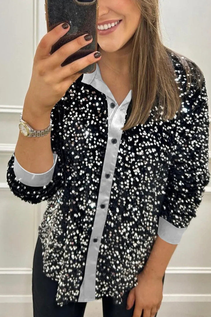 Damen nan glitzernde Pailletten-Hemdbluse mit Kragen, Knopfleiste und elastischen Manschetten Echo Archiv