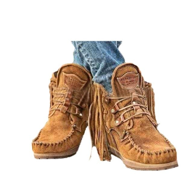 Damen Fransen‑Mokassin‑Ankleboots aus Veloursleder mit handgenähter Kettelnaht, Schnürung und profilierter Gummisohle Echo Archiv