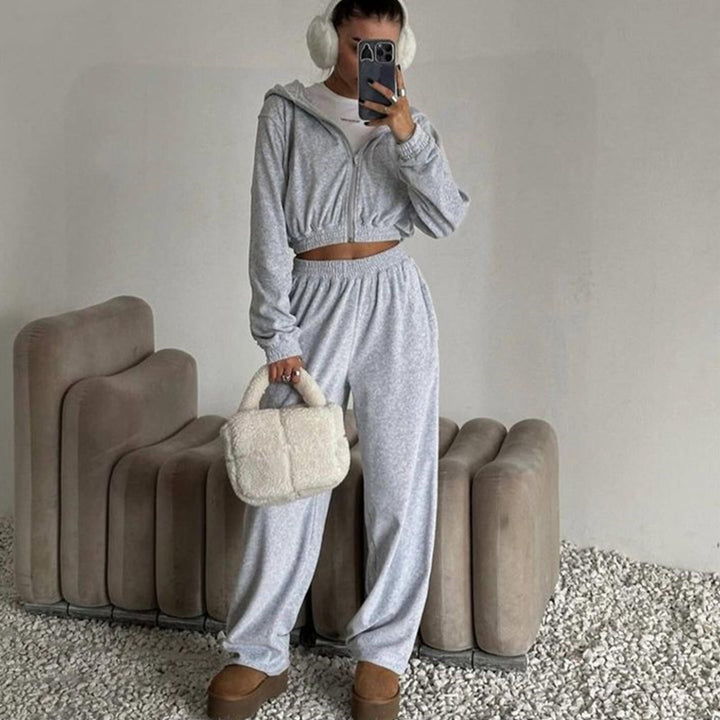 Damen nan Samt-Trainingsanzug zweiteilig mit cropped Kapuzenjacke und hoher Taille Jogginghose Echo Archiv