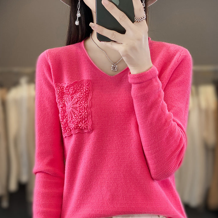 Damen Kaschmir‑Optik V‑Ausschnittpullover mit floraler Häkelapplikation Echoarchiv
