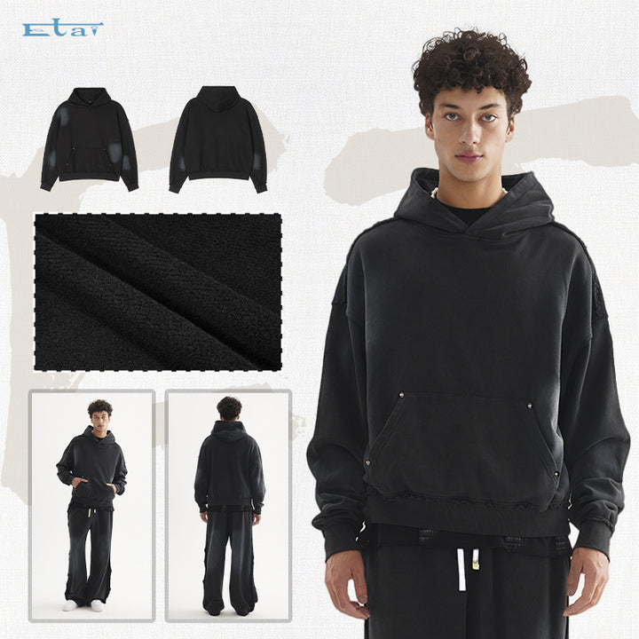 Unisex Oversized Kapuzenpullover mit ausgefranstem Saum, Kängurutasche und verwaschenem Bleicheffekt Echo Archiv