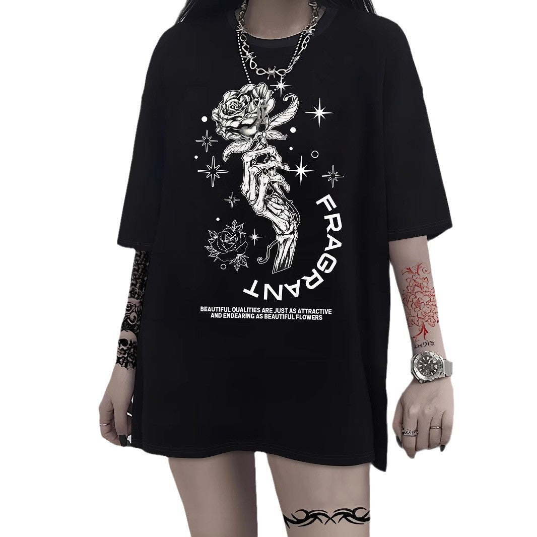 Damen T-Shirt mit künstlerischem Skelettmotiv und einzigartigem Druck Echo Archiv