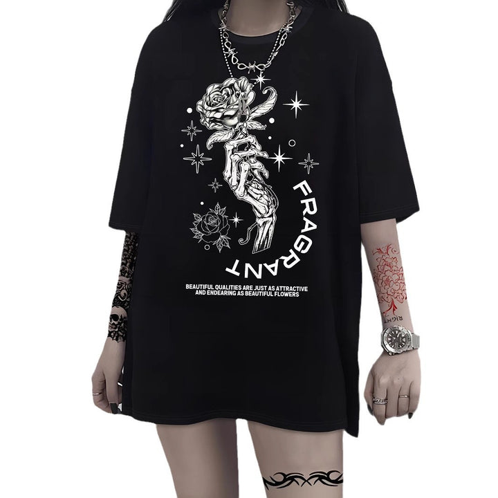 Damen T-Shirt mit künstlerischem Skelettmotiv und einzigartigem Druck Echo Archiv