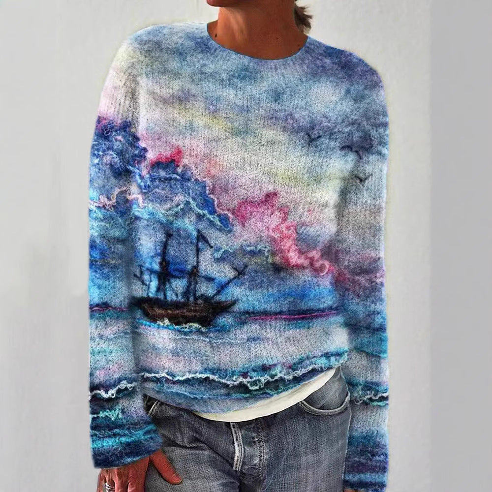 Damen nan bestickter Strickpullover mit reliefartiger Blumenstickerei und Rundhalsausschnitt Echo Archiv