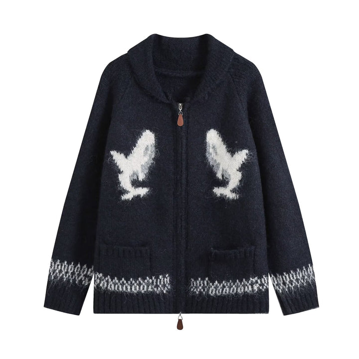 Damen Grobgestrickter Zip-Cardigan mit Schalkragen und Intarsia-Motiv Echo Archiv