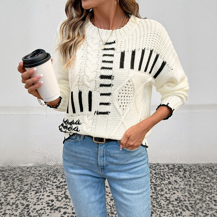 Damen Grobstrick-Pullover mit Zopfmuster, Ajour‑Details und kontrastierenden Streifen Echoarchiv
