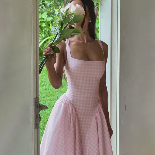 Damen Sommerliches Maxikleid mit Karo-Design und seitlichen Raffungselementen Echo Archiv