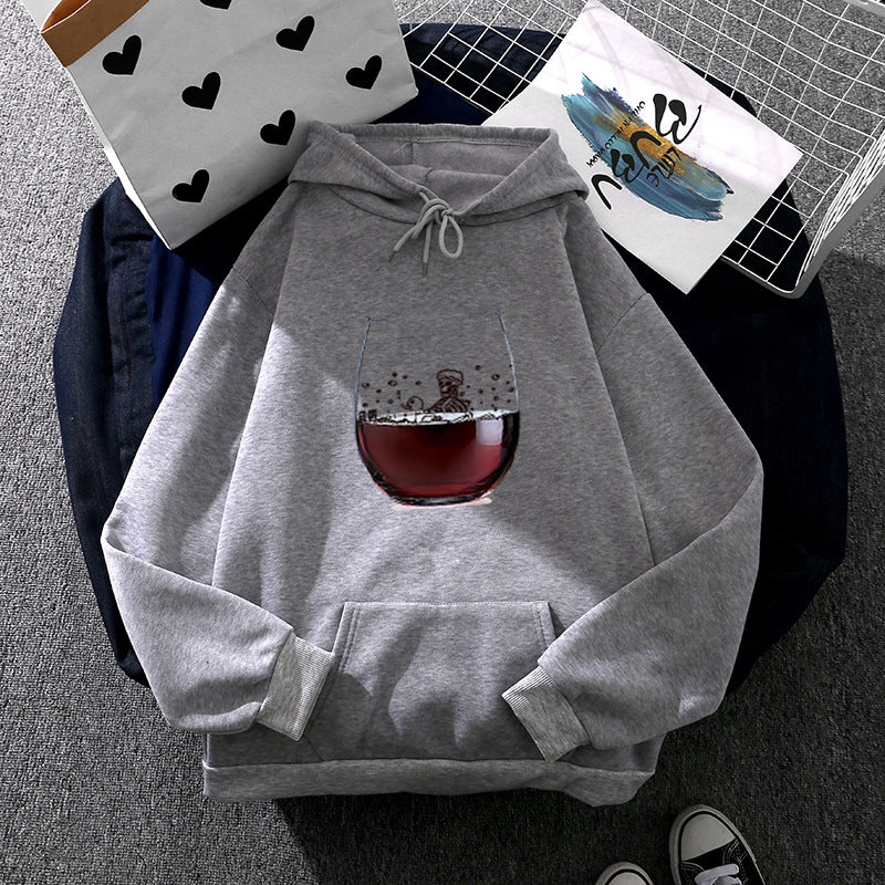 Damen lässiger Kapuzenhoodie mit fotorealistischer Weinglas‑Grafik, Kängurutasche und weichem Fleece – Auréline