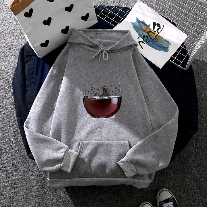 Damen lässiger Kapuzenhoodie mit fotorealistischer Weinglas‑Grafik, Kängurutasche und weichem Fleece – Auréline