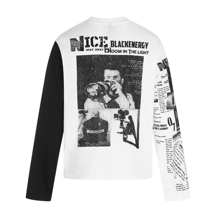 Unisex Kontrastärmliges Langarmshirt mit großflächigem Grafikprint und Ärmel-Collage Echoarchiv