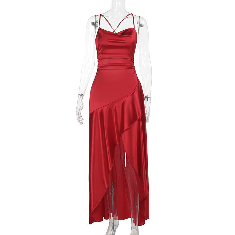 Damen luxuriöses Satin-Maxikleid mit asymmetrischem Schnitt Echo Archiv