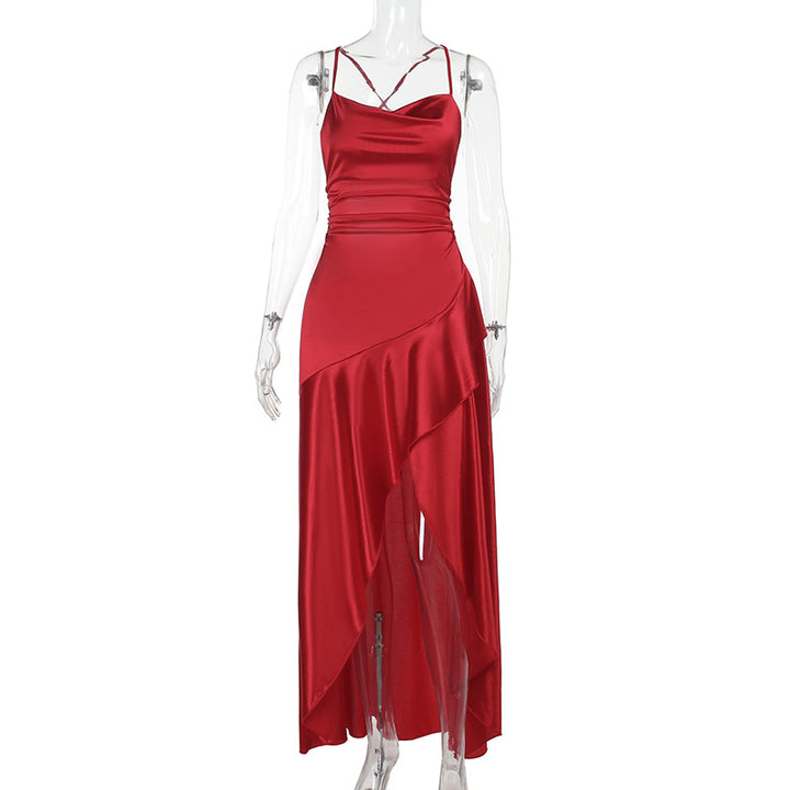 Damen luxuriöses Satin-Maxikleid mit asymmetrischem Schnitt Echo Archiv