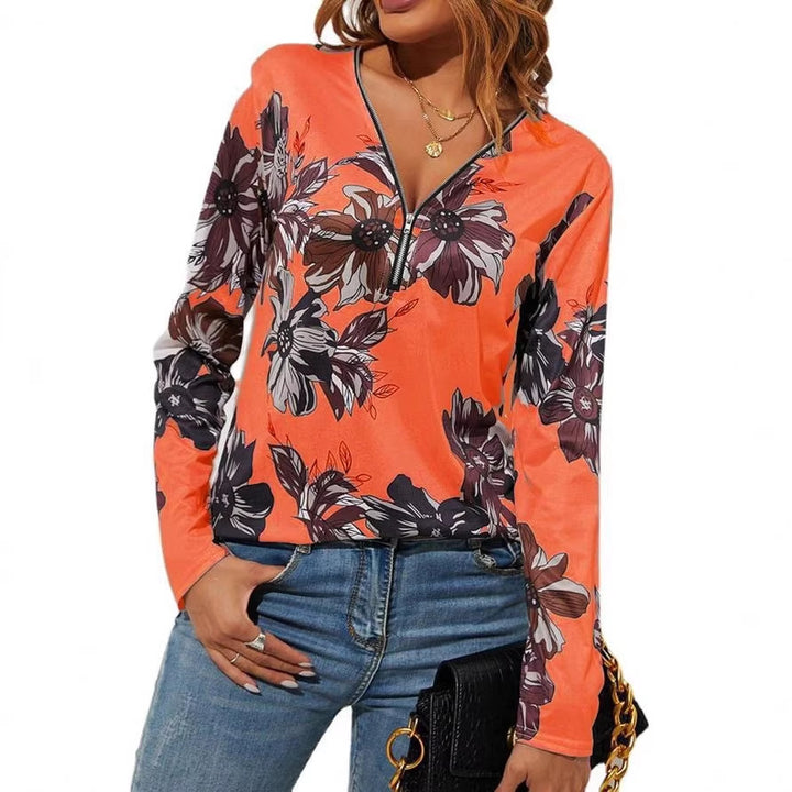 Damen Langarmshirt mit Reißverschluss V-Ausschnitt und großem Blumenmuster – Avérine
