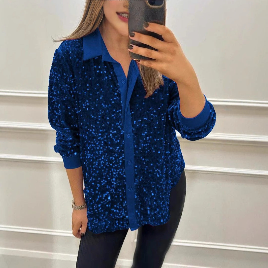 Damen Glitzernde Bluse aus Pailletten mit klassischem Kragen Echoarchiv