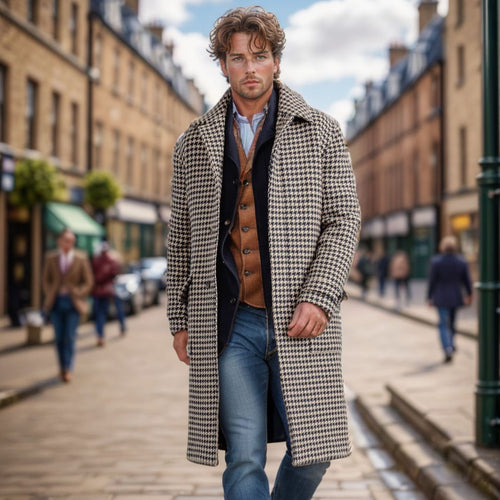 Herren eleganter Karomantel mit strukturiertem Design und praktischen Taschen Echoarchiv