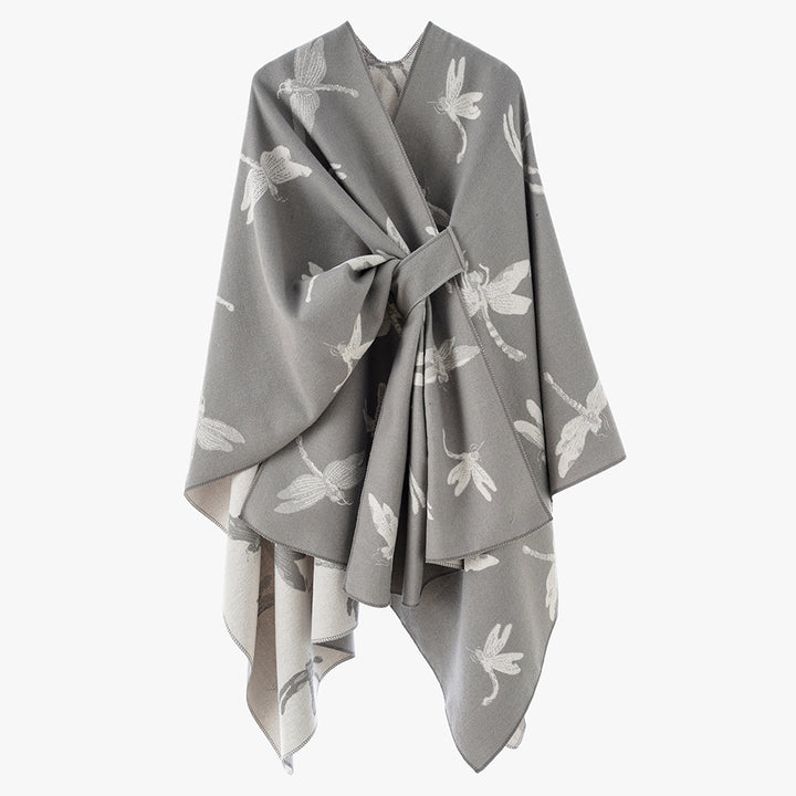 Damen Kaschmirähnlicher Jacquard‑Cape mit Libellen‑Motiv und Bindegürtel – Avérine