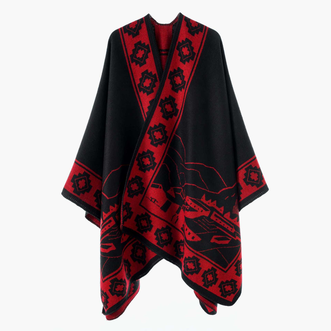 Damen Jacquard‑Strickponcho mit offenem Fall und Bordüren‑Detail Echo Archiv