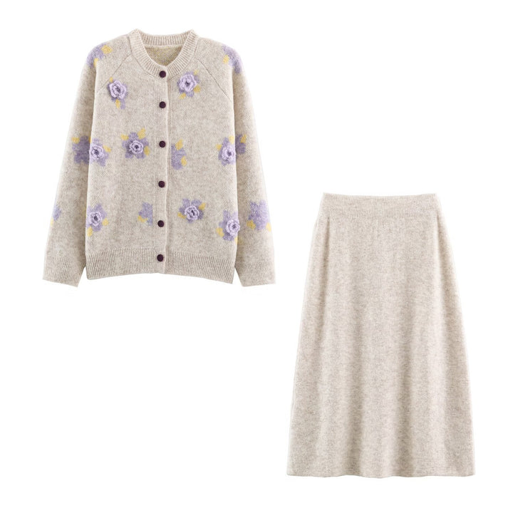 Damen Feinstrick-Zweiteiler Cardigan mit Blumen-Jacquard und tailliertem A-Linien Strickrock Echoarchiv