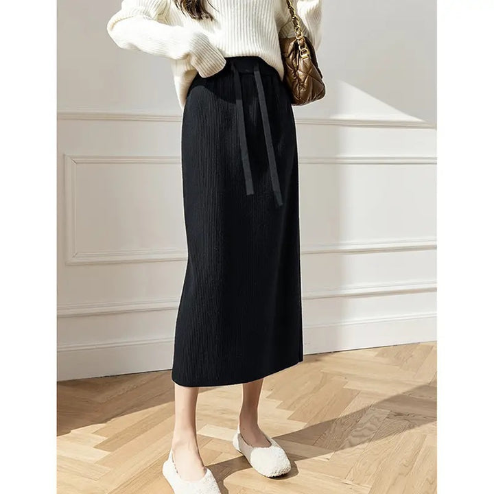 Damen Eleganter Rippstrick-Midirock mit Bindegürtel Echo Archiv