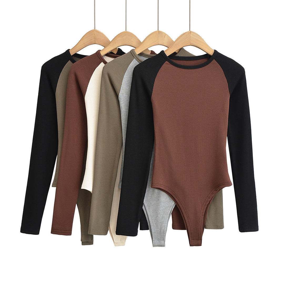 Damen Raglan-Bodysuit mit langen Ärmeln, Rippstruktur und Druckknopfverschluss Echoarchiv