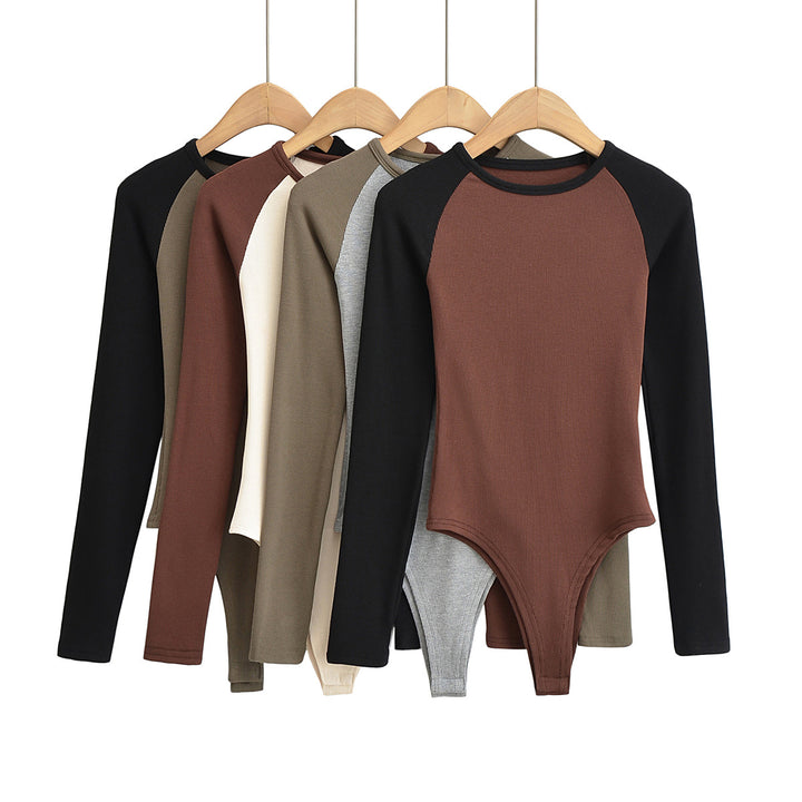 Damen Raglan-Bodysuit mit langen Ärmeln, Rippstruktur und Druckknopfverschluss Echoarchiv
