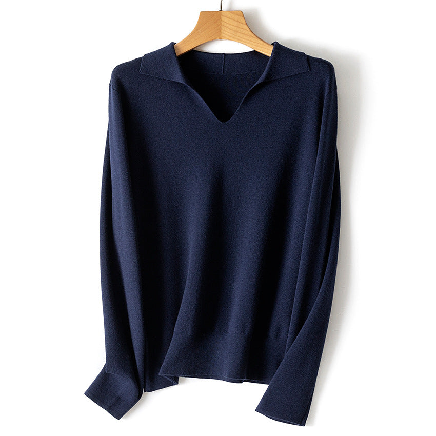 Damen feiner leichter V-Ausschnitt-Pullover mit offenem Hemdkragen und legerer Silhouette Echoarchiv