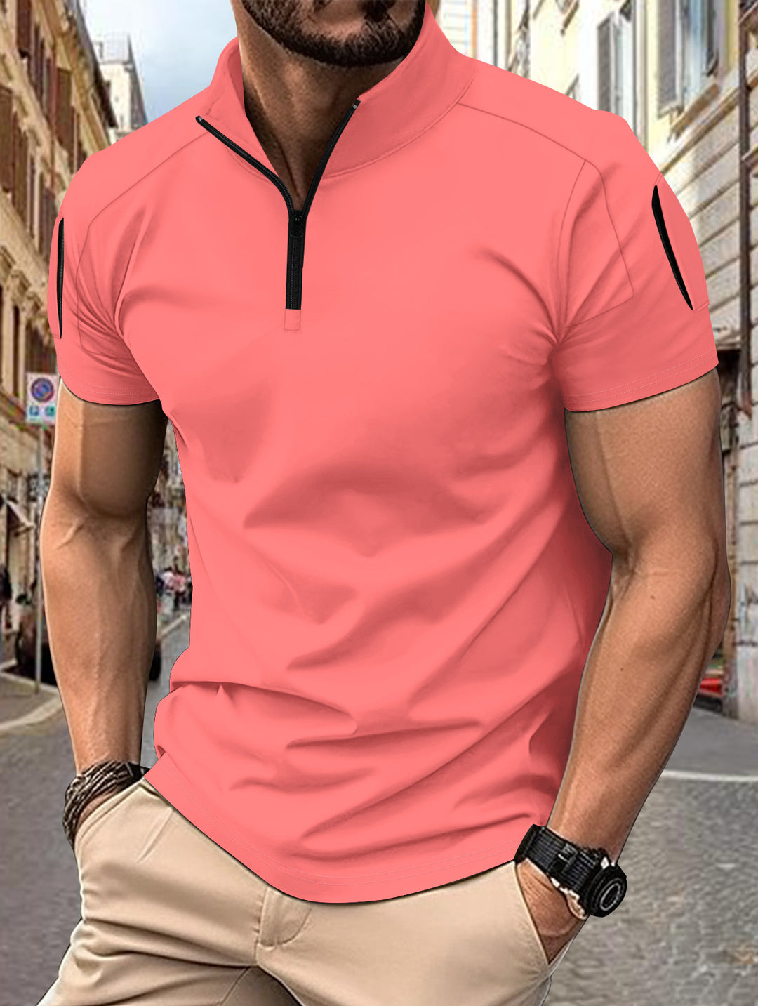 Herren Sportliches Kurzarm-Zip-Hemd Echoarchiv