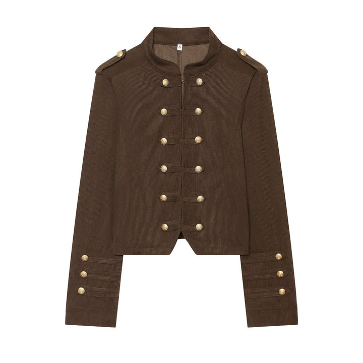 Damen taillierte Military-Jacke im Cord-Look mit Stehkragen und goldfarbener Zierknopfleiste – Célinea