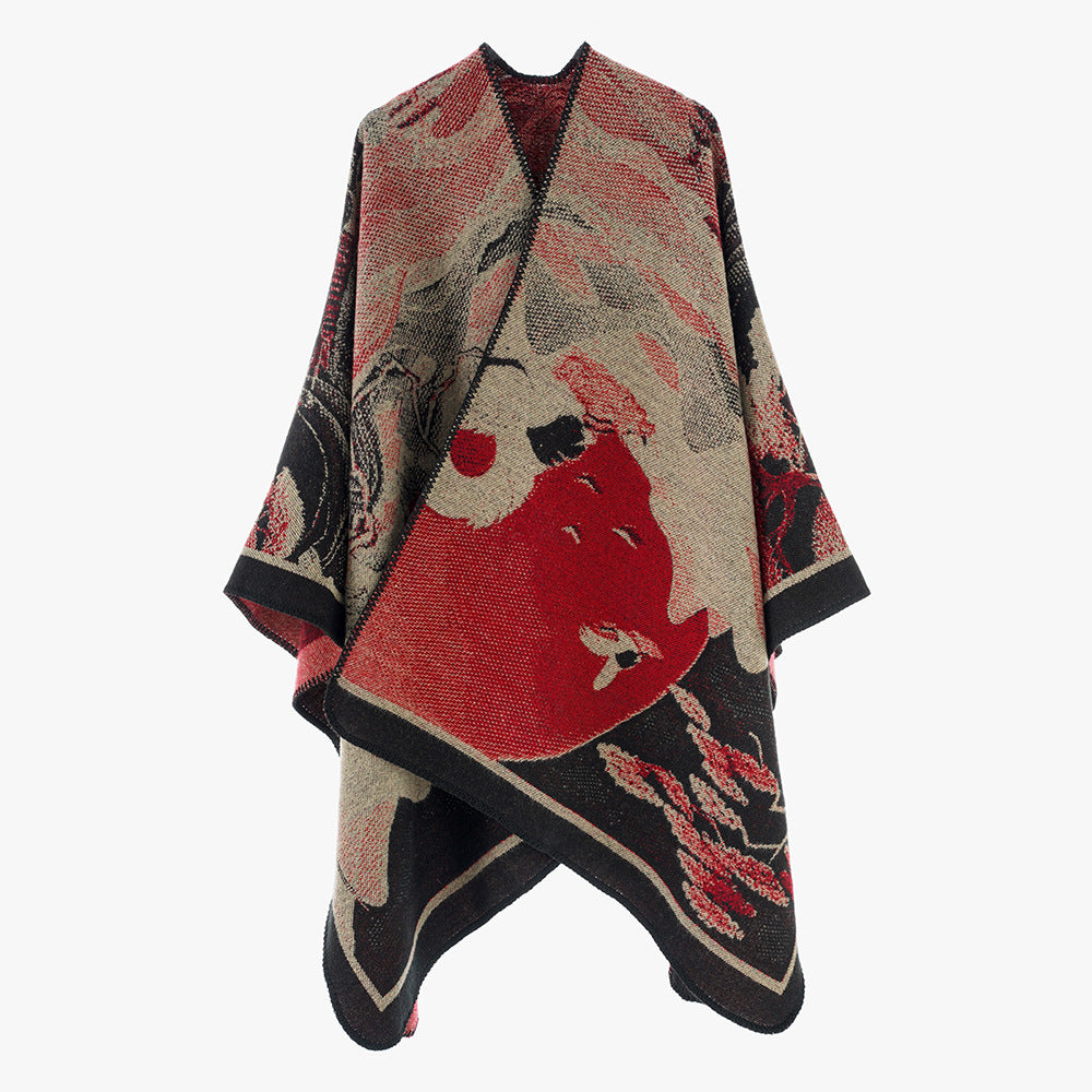 Damen Jacquard-Cape mit grafischem Blumenmotiv und kastigem Oversize-Schnitt – Avérine