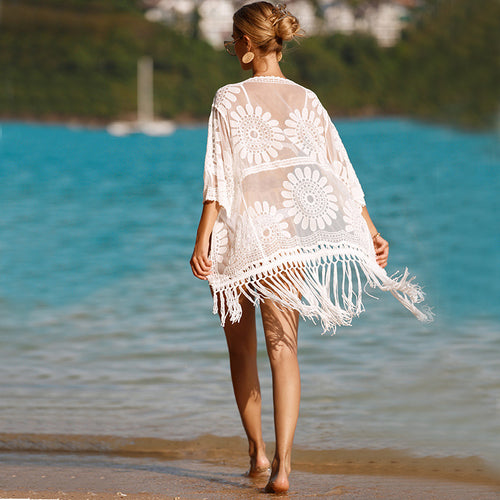 Damen Häkel-Strandüberwurfkleid mit fransigem Saum und floralem Design Echo Archiv