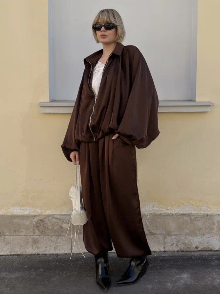 Damen Elegantes Satin-Zweiteiler-Set mit Oversize-Blouson und weiter Palazzo-Hose Echoarchiv