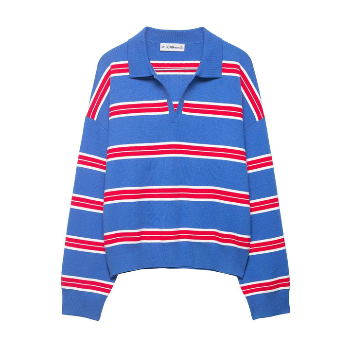 Damen Gestreifter Rugby-Polo-Pullover mit V-Notch und Cropped-Saum Echo Archiv