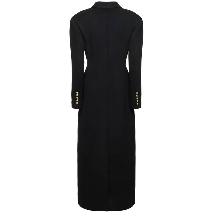 Damen Maxi-Mantelkleid mit markanter Schulterpartie und goldenen Zierknöpfen Echoarchiv