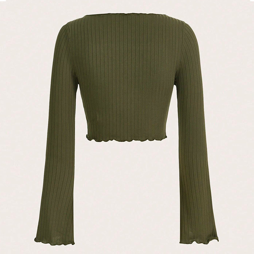Damen fein geripptes Cropped-Longsleeve mit asymmetrischem Wellensaum und Cut-Out – Avérine