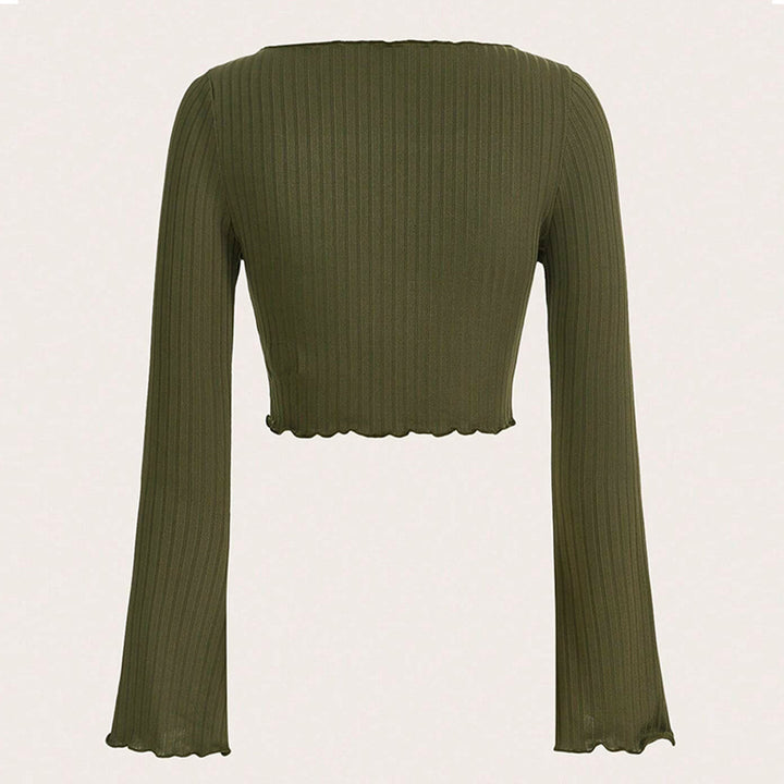 Damen fein geripptes Cropped-Longsleeve mit asymmetrischem Wellensaum und Cut-Out – Avérine