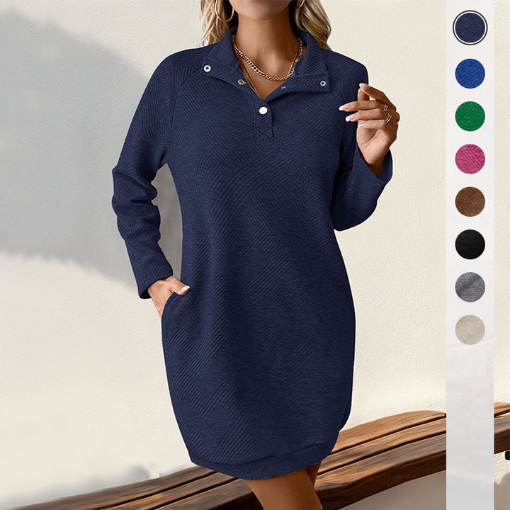 Damen Lässiges Sweatkleid mit Stehkragen, Druckknopfblende und Eingrifftaschen Echoarchiv