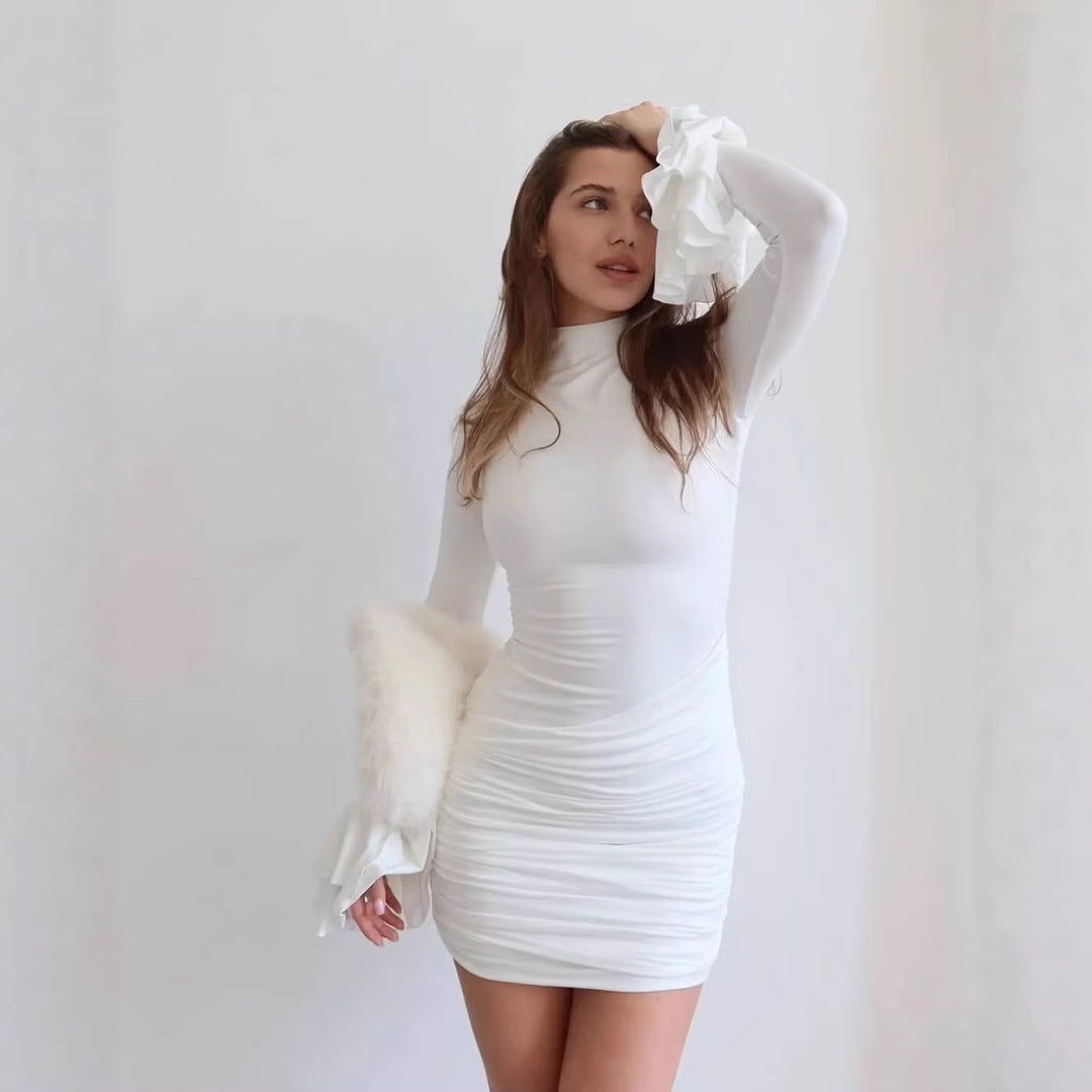 Damen Eng anliegendes Minikleid mit Rüschen-Volantärmeln und geraffter Wickeloptik Echoarchiv