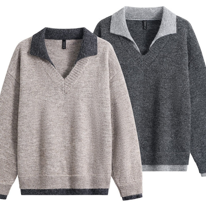 Herren Oversize-Pullover mit kontrastierendem Kragen, V‑Ausschnitt und weichem Fleeceinnenfutter Echoarchiv
