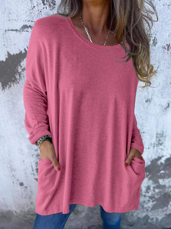 Damen Weiches Oversize Langarmshirt mit Rundhalsausschnitt, Lässigen Ärmeln und Seitentaschen – Avérine