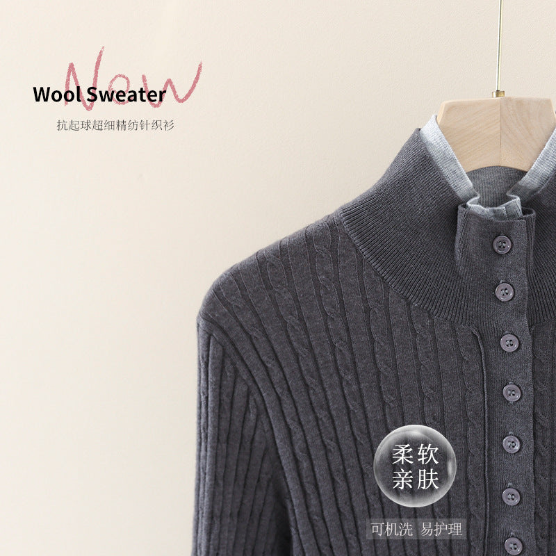 Damen Feinstrick-Polo-Pullover mit Rippstruktur, Stehkragen und Knopfleiste Echo Archiv
