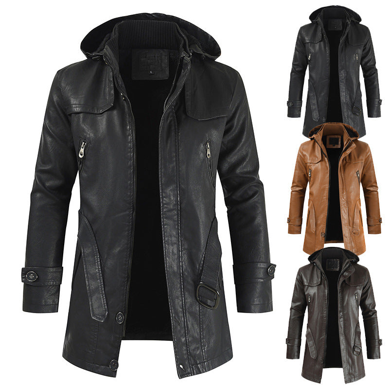 Herren modische Lederjacke mit Kapuze Echoarchiv