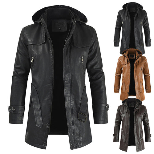 Herren modische Lederjacke mit Kapuze Echoarchiv